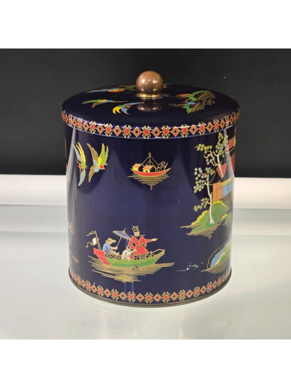 Vintage Daher Design Candy Biscuit Tin Made in England Navy Blue Asian Themed